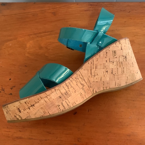 Kork-Ease Ava cork platforms with bright shiny turquoise upper. - Picture 4 of 12
